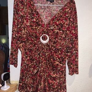 INC International Concepts Red Multi-Print V-Neck Blouse with Ring Detail
